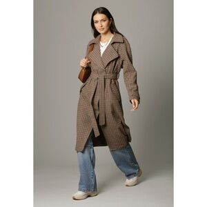 NWOT Avec Les Filles Plaid Belted Double Face Coat Brown Blue XS